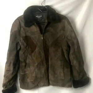 MILAN LEATHER PATCHWORK COAT WO SZ LARGE BROWN